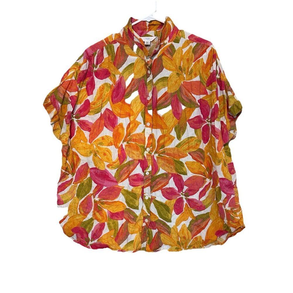 TIME AND TRU Womens 3XL Linen Blend Short Sleeve Tropical Button Up Shirt